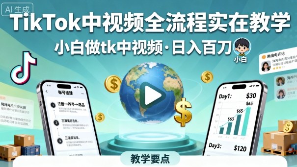 TikTok中视频全流程实操教学，小白做tk中视频，日入百刀-第一资源库