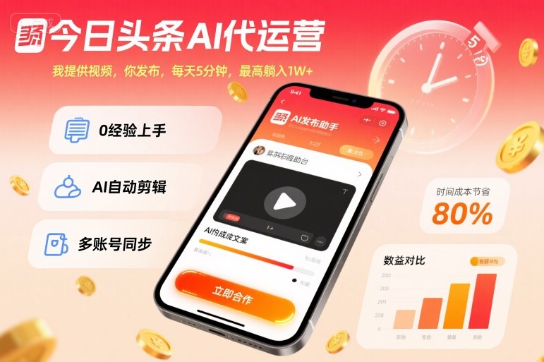 今日头条AI代运营，我提供视频，你发布，每天5分钟，最高躺入1W+【揭秘】-第一资源库