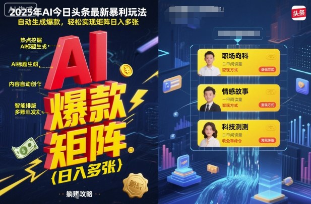 2025年AI今日头条最新暴利玩法，自动生成爆款，轻松实现矩阵日入多张-第一资源库