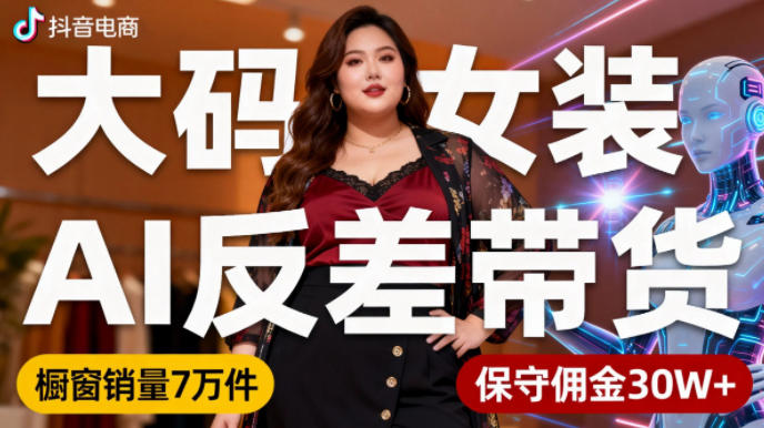 抖音小众赛道，大码女装AI反差带货，不用直播，每天6条作品，橱窗卖7万件，保守佣金30W+-第一资源库