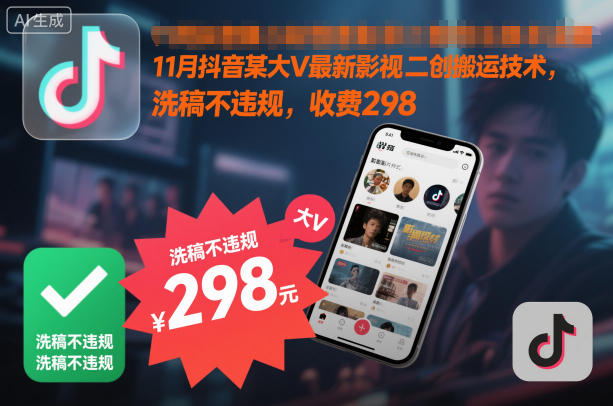 11月抖音某大V最新影视二创搬运技术，洗稿不违规，收费298-第一资源库