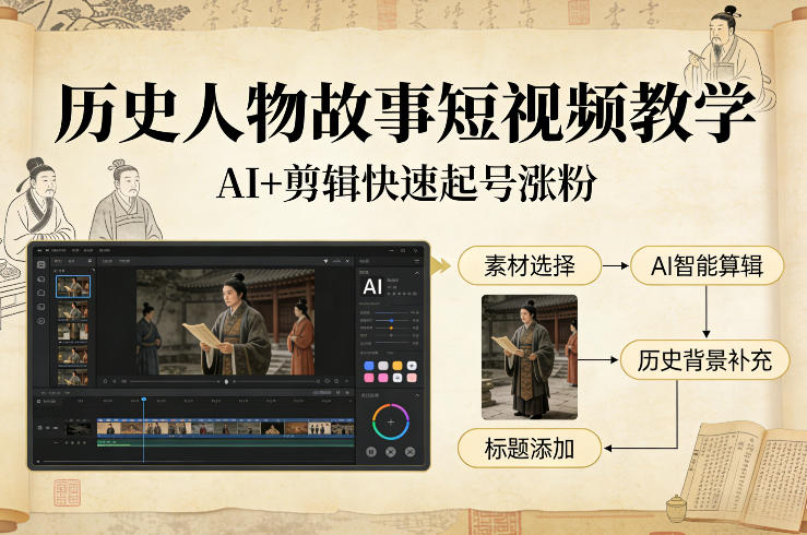 历史人物故事短视频教学，AI+剪辑制作历史人物题材短视频，快速起号涨粉-第一资源库