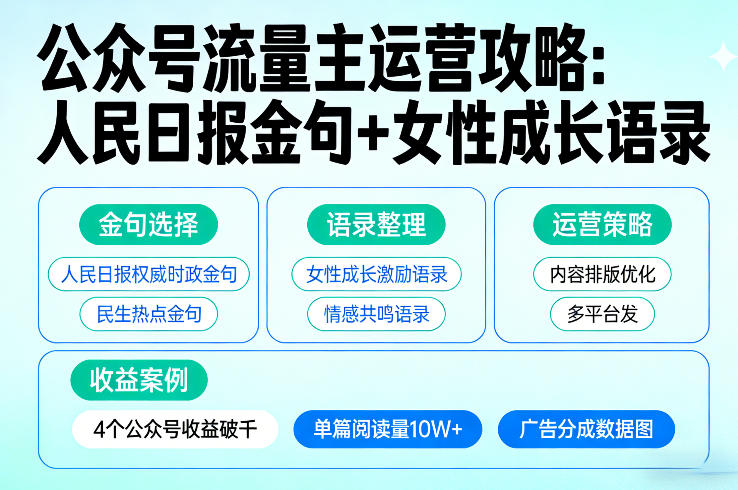 利用人民日报金句+女性成长语录做公众号流量主，4个公众号收益破千-第一资源库