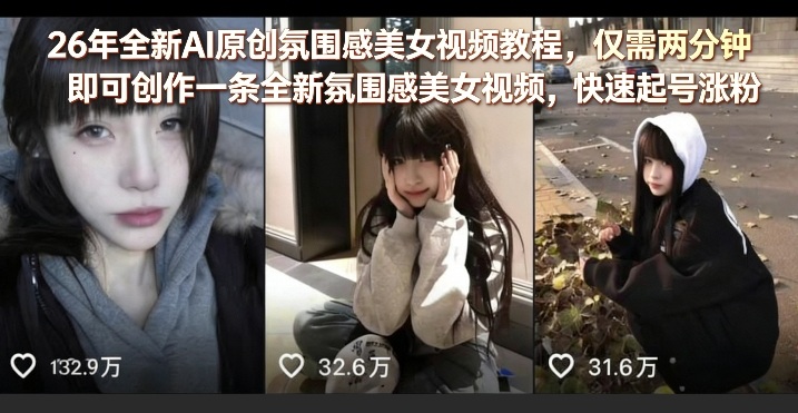 26年全新AI原创氛围感美女视频教程，仅需两分钟即可创作一条全新氛围感美女视频，快速起号涨粉-第一资源库
