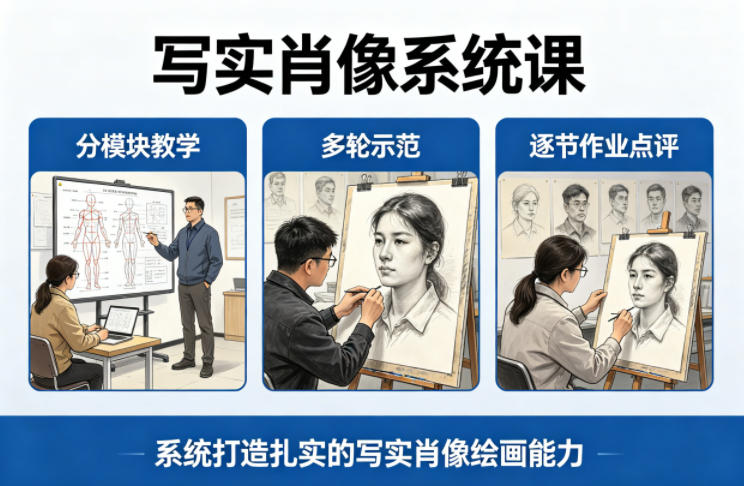 写实肖像系统课，全程分模块教学+多轮示范+逐节作业点评，系统打造扎实的写实肖像绘画能力-第一资源库