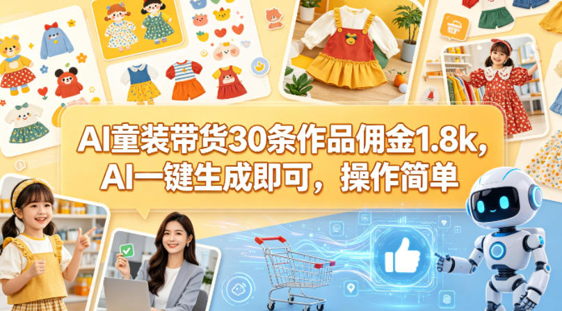 AI童装带货30条作品佣金1.8k，AI一键生成即可，操作简单-第一资源库