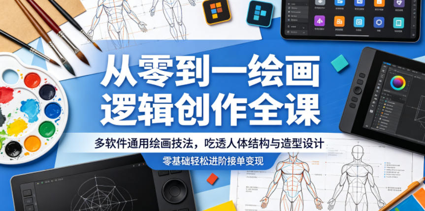 从零到一绘画逻辑创作全课，多软件通用绘画技法，吃透人体结构与造型设计，零基础轻松进阶接单变现-第一资源库