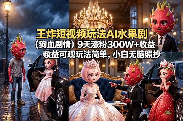 王炸短视频玩法AI水果剧（狗血剧情）9天涨粉300W+收益可观玩法简单，小白无脑照抄，详细拆解玩法-第一资源库
