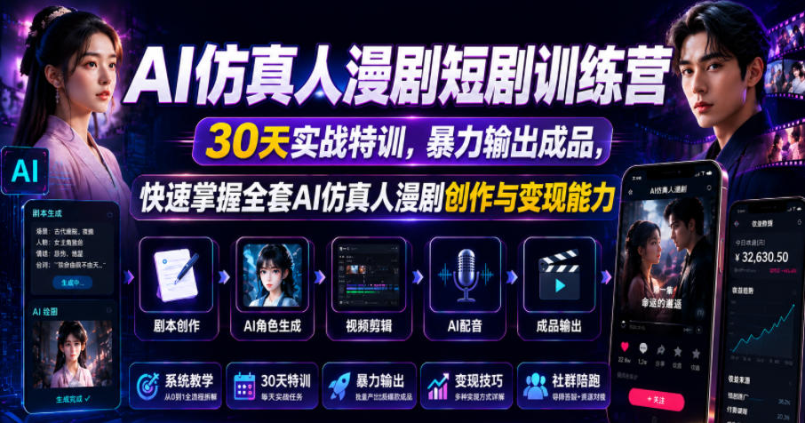 AI仿真人漫剧短剧训练营，30天实战特训，暴力输出成品，快速掌握全套AI仿真人漫剧创作与变现能力-第一资源库