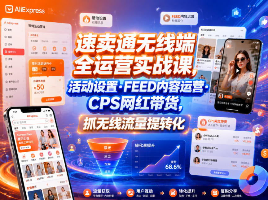 速卖通无线端全运营实战课，活动设置・FEED内容运营・CPS网红带货，抓无线流量提转化-第一资源库