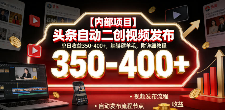 【内部项目】头条自动二创视频发布，单日收益350-400+，躺賺薅羊毛，附详细教程【揭秘】-第一资源库