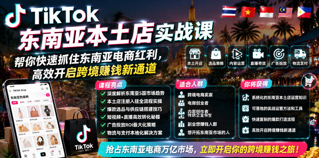 TikTok东南亚本土店实战课，帮你快速抓住东南亚电商红利，高效开启跨境賺钱新通道-第一资源库