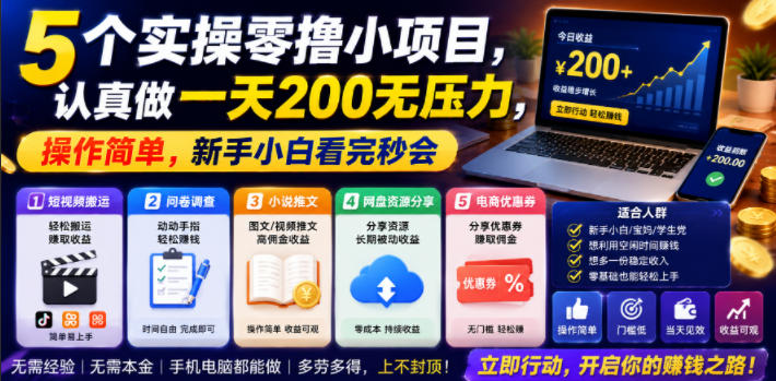 5个实操零撸小项目，认真做一天200无压力，操作简单，新手小白看完秒会【揭秘】-第一资源库