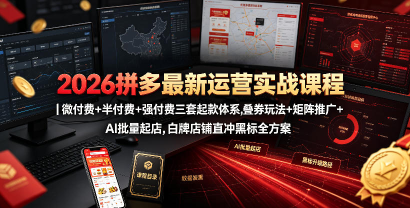 2026拼多多最新运营实战课程｜微付费+半付费+强付费三套起款体系，叠券玩法+矩阵推广+AI批量起店，白牌店铺直冲黑标全方案-第一资源库
