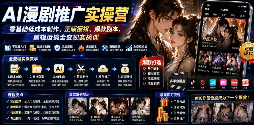 AI漫剧推广实操营｜零基础低成本制作、正版授权、爆款剧本、剪辑运镜全变现实战课-第一资源库