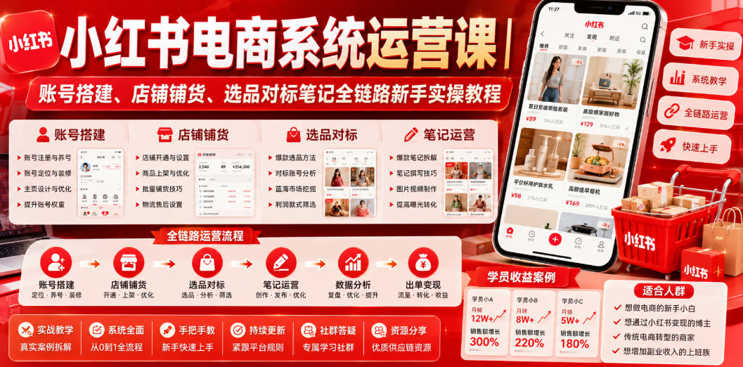 小红书电商系统运营课｜账号搭建、店铺铺货、选品对标笔记全链路新手实操教程-第一资源库