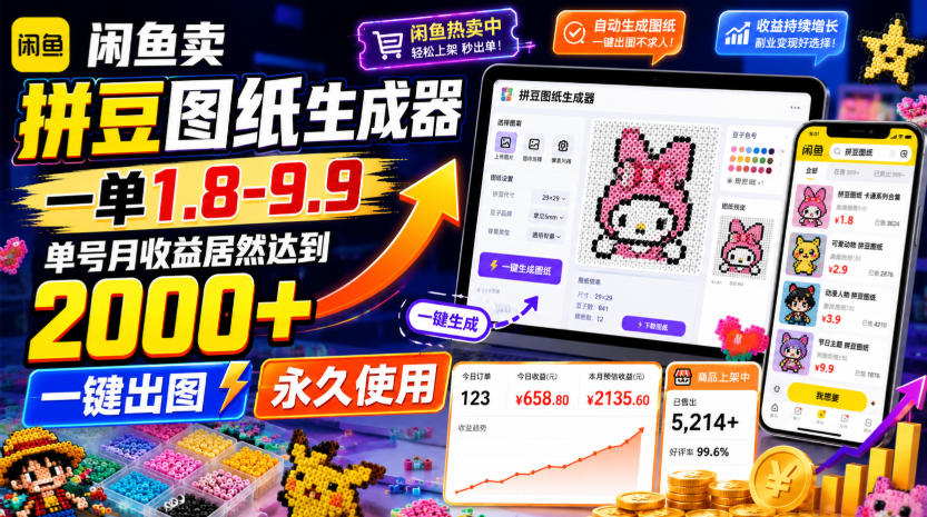 闲鱼卖拼豆图纸生成器，一单1.8-9.9，单号月收益居然达到2000+一键出图永久使用-第一资源库