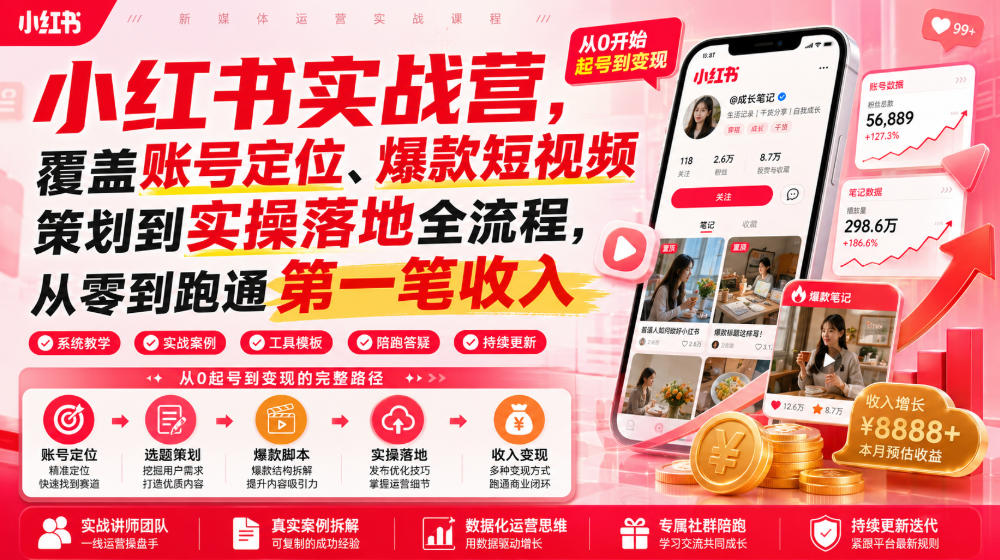 小红书实战营，覆盖账号定位、爆款短视频策划到实操落地全流程，从零到跑通第一笔收入-第一资源库