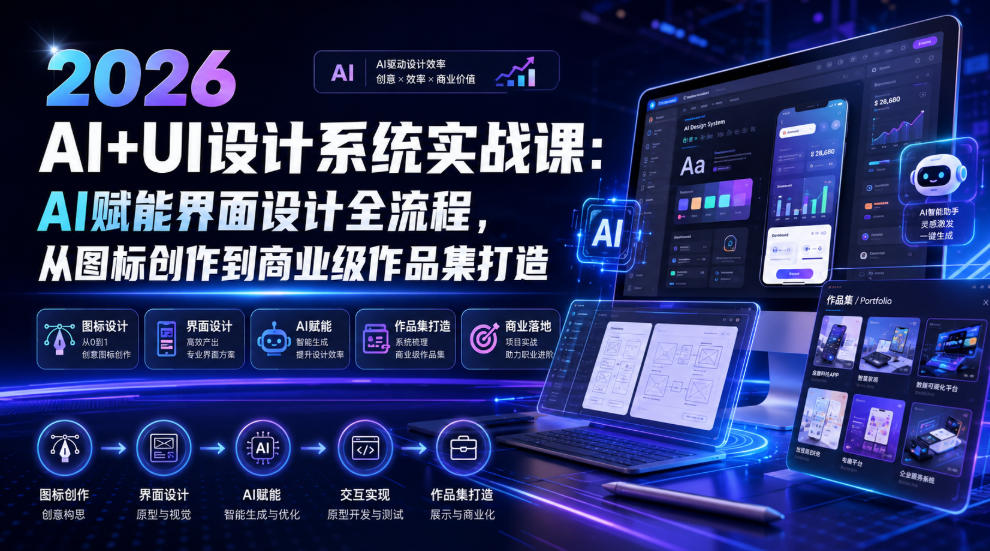 2026 AI+UI设计系统实战课：AI赋能界面设计全流程，从图标创作到商业级作品集打造-第一资源库