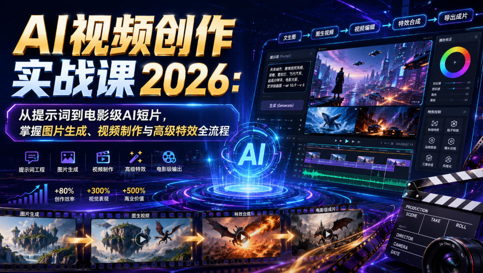 AI视频创作实战课2026：从提示词到电影级AI短片，掌握图片生成、视频制作与高级特效全流程-第一资源库