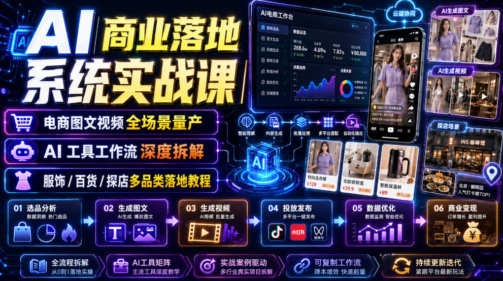 AI商业落地系统实战课｜电商图文视频全场景量产・AI工具工作流深度拆解・服饰/百货/探店多品类落地教程-第一资源库