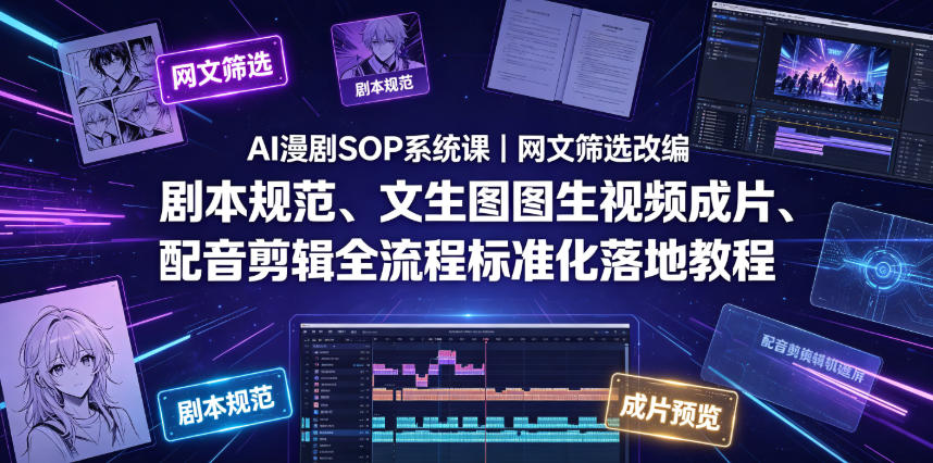 AI漫剧SOP系统课｜网文筛选改编、剧本规范、文生图图生视频成片、配音剪辑全流程标准化落地教程-第一资源库