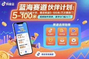 抖音蓝海赛道，轻松过伙伴计划，视频制作简单，万次播放收益在5-100米，稳定收益-第一资源库