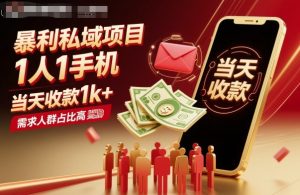 暴利私域项目1人1手机，当天收款1k+，需求人群占比高，当天就能见到钱-第一资源库