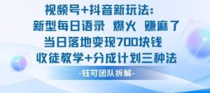 视频号加抖音新玩法：爆火新型每日语录，收徒教学加分成计划，三种变现玩法，当日变现7张-第一资源库