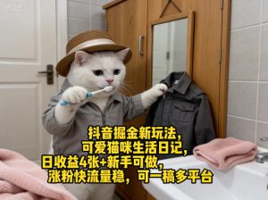 抖音掘金新玩法，可爱猫咪生活日记，日收益4张+新手可做，涨粉快流量稳，可一稿多平台-第一资源库