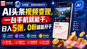 AI头条视频变现,一台手机就能干,日入5张,0粉就能开干-第一资源库