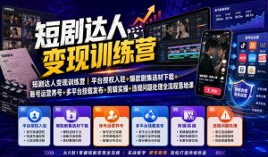 短剧达人变现训练营|平台授权入驻+爆款剧集选材下载+账号运营养号+多平台挂载发布+剪辑实操+违规问题处理全流程落地课-第一资源库