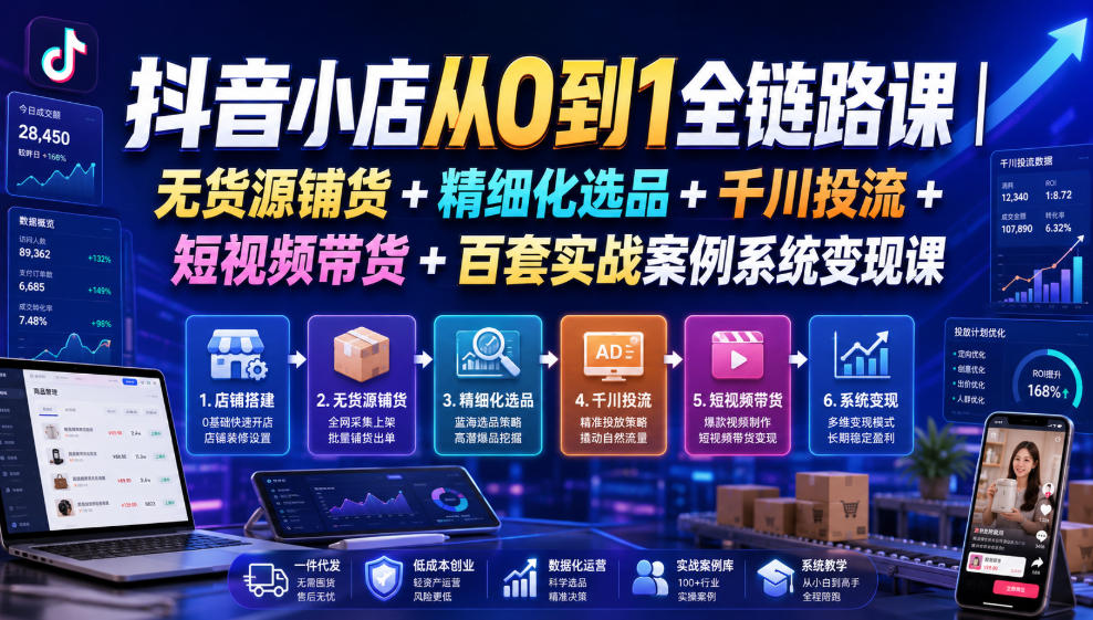 抖音小店从0到1全链路课｜无货源铺货+精细化选品+千川投流+短视频带货+百套实战案例系统变现课（2026年7月更新）-第一资源库