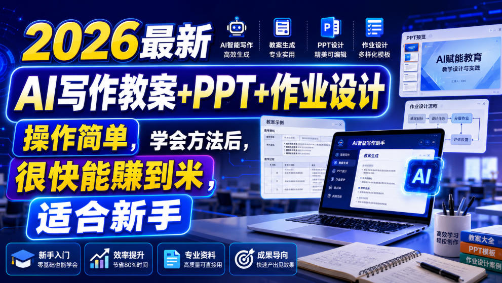 2026最新AI写作教案+PPT+作业设计，操作简单，学会方法后，很快能賺到米，适合新手-第一资源库