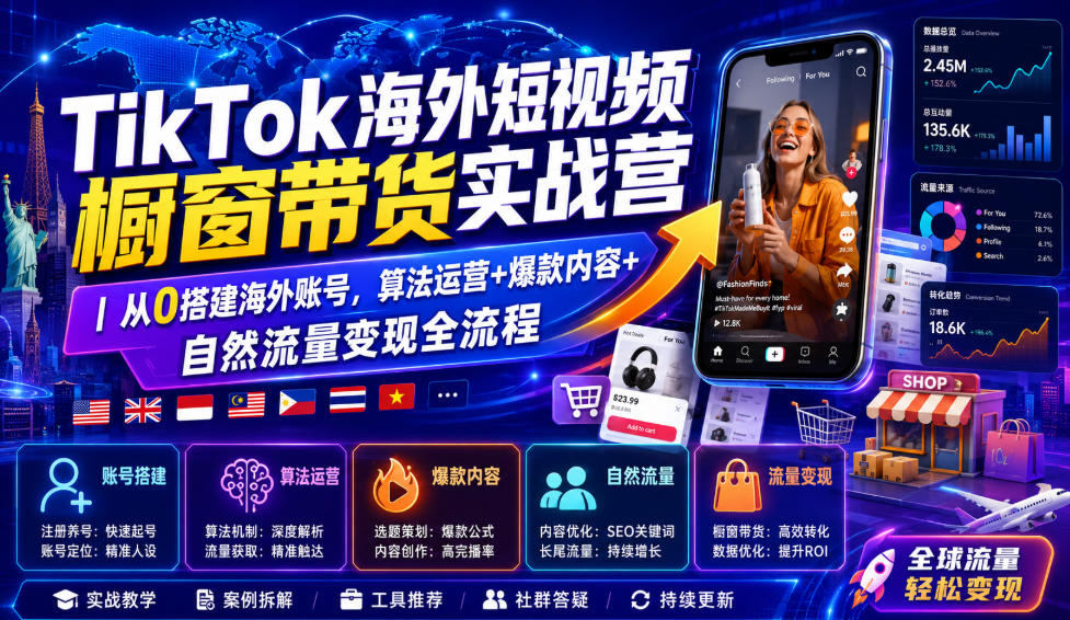 TikTok海外短视频橱窗带货实战营｜从0搭建海外账号，算法运营+爆款内容+自然流量变现全流程-第一资源库