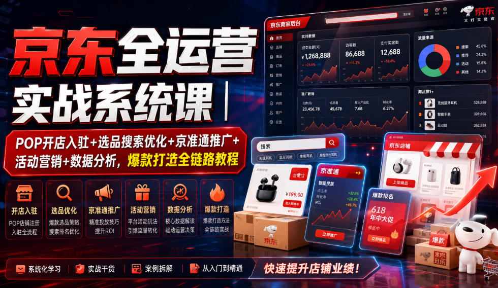 京东全运营实战系统课｜POP开店入驻+选品搜索优化+京准通推广+活动营销+数据分析，爆款打造全链路教程-第一资源库