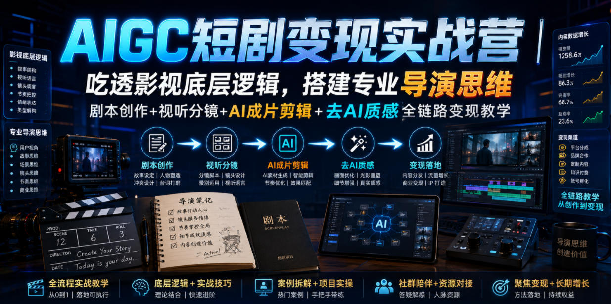 AIGC短剧变现实战营｜吃透影视底层逻辑，搭建专业导演思维，剧本创作+视听分镜+AI成片剪辑+去AI质感全链路变现教学-第一资源库