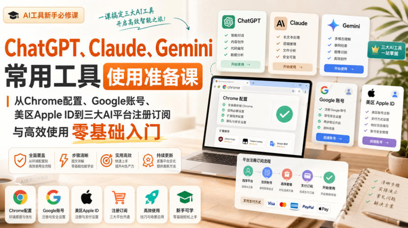 ChatGPT、Claude、Gemini常用工具使用准备课｜从Chrome配置、Google账号、美区Apple ID到三大AI平台注册订阅与高效使用零基础入门-第一资源库