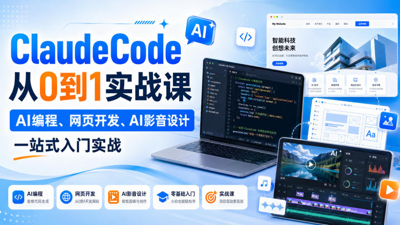 ClaudeCode从0到1实战课,AI编程、网页开发、AI影音设计一站式入门实战