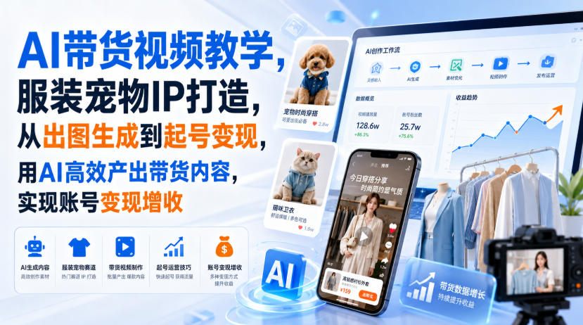 AI带货视频教学，服装宠物IP打造，从出图生成到起号变现，用AI高效产出带货内容，实现账号变现增收-第一资源库