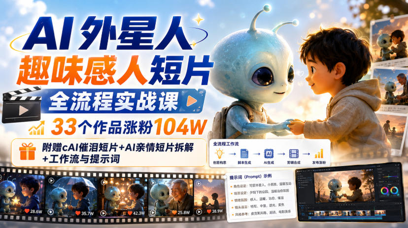 AI外星人趣味感人短片全流程实战课，33个作品涨粉104W，附赠AI催泪短片+AI亲情短片拆解+工作流与提示词-第一资源库