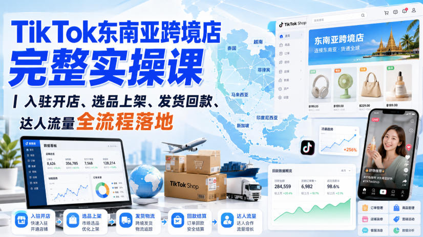TikTok东南亚跨境店完整实操课｜入驻开店、选品上架、发货回款、达人流量全流程落地-第一资源库