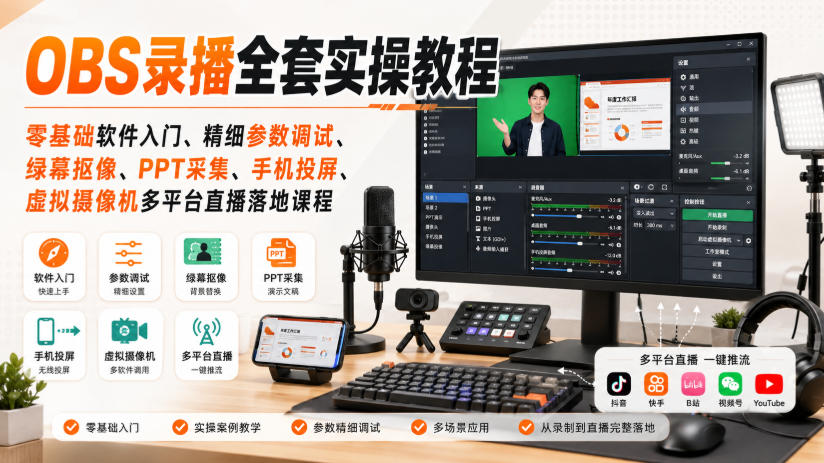 OBS录播全套实操教程｜零基础软件入门、精细参数调试、绿幕抠像、手机投屏、虚拟摄像机多平台直播落地课程-第一资源库