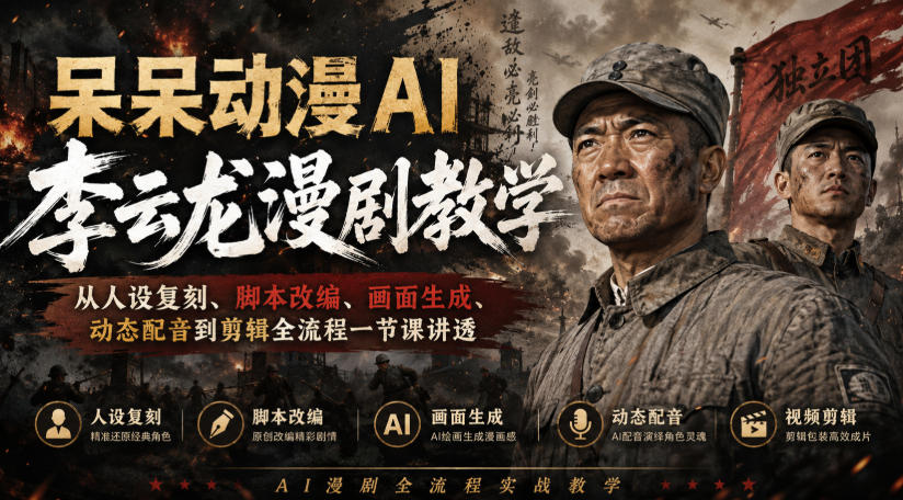 呆呆动漫AI李云龙漫剧教学，从人设复刻、脚本改编、画面生成、动态配音到剪辑全流程一节课讲透-第一资源库
