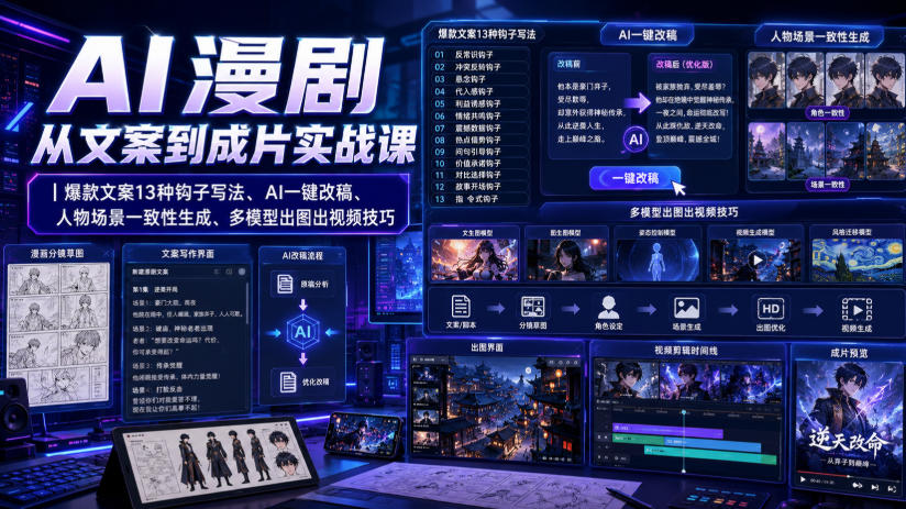 AI漫剧从文案到成片实战课｜爆款文案13种钩子写法、AI一键改稿、人物场景一致性生成、多模型出图出视频技巧-第一资源库
