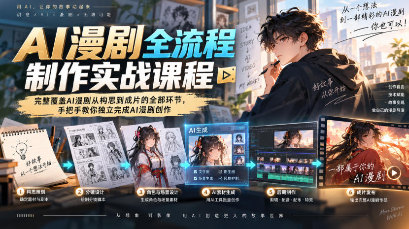 AI漫剧全流程制作实战课程,完整覆盖AI漫剧从构思到成片的全部环节,手把手教你独立完成AI漫剧创作