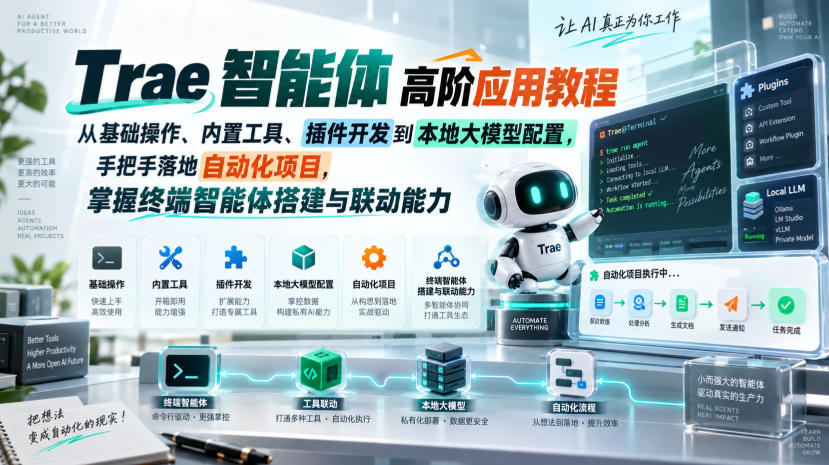 Trae智能体高阶应用教程，从基础操作、内置工具、插件开发到本地大模型配置，手把手落地自动化项目-第一资源库