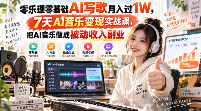 零乐理零基础AI写歌月入过1W，7天AI音乐变现实战课，把AI音乐做成被动收入副业-第一资源库