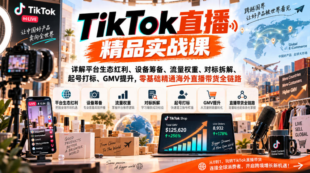 TikTok直播精品实战课，详解平台生态红利、设备筹备、流量权重、对标拆解、起号打标、GMV提升，零基础精通海外直播带货全链路-第一资源库