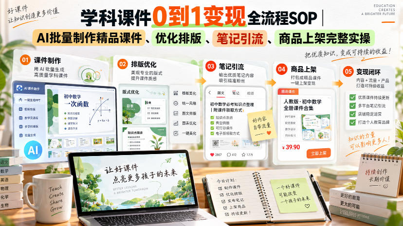学科课件0到1变现全流程SOP｜AI批量制作精品课件、优化排版、笔记引流、商品上架完整实操​-第一资源库